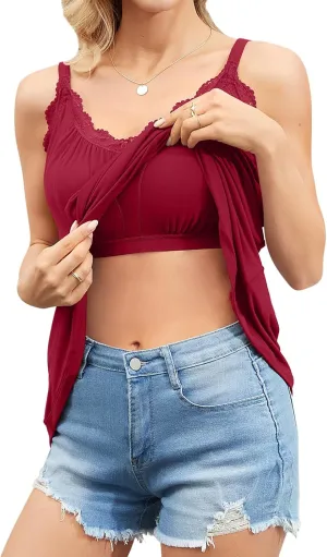 V FOR CITY Flowy Camisole Tops for Women with Built in Bra V Neck Lace Spaghetti Strap Tank Top Loose Fitting Tunic
