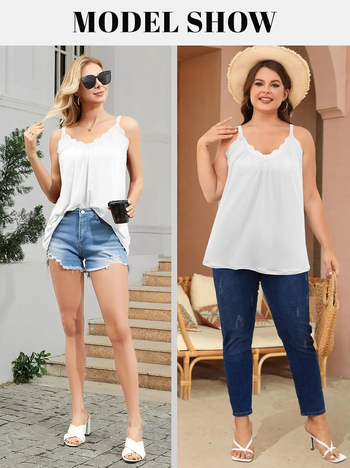 V FOR CITY Flowy Camisole Tops for Women with Built in Bra V Neck Lace Spaghetti Strap Tank Top Loose Fitting Tunic