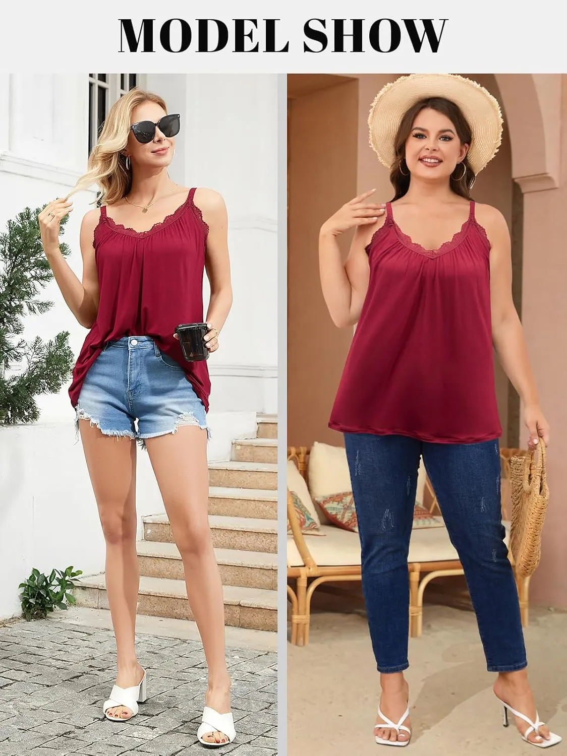 V FOR CITY Flowy Camisole Tops for Women with Built in Bra V Neck Lace Spaghetti Strap Tank Top Loose Fitting Tunic
