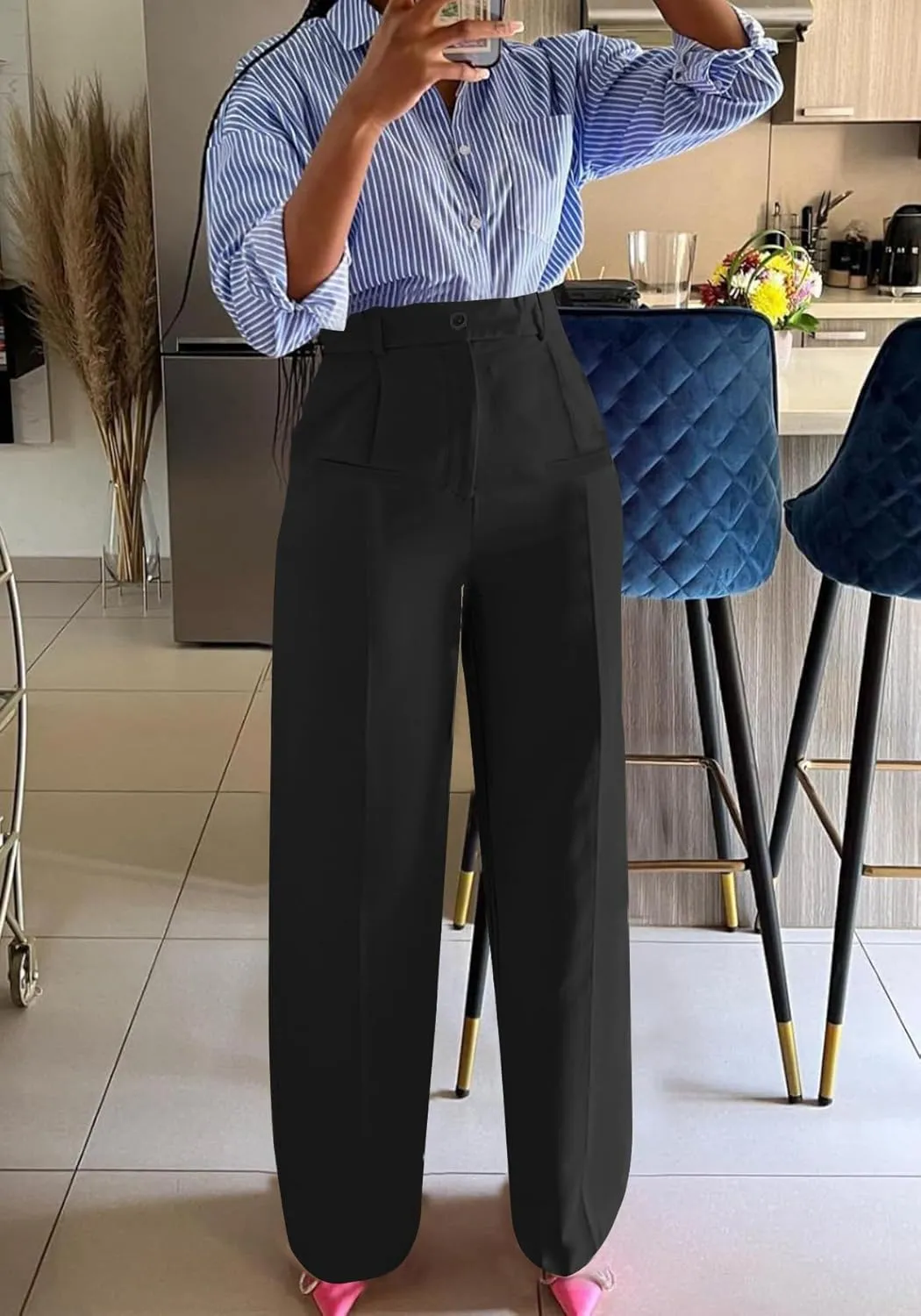 Vakkest Women High Waist Wide Leg Pants Casual Loose Palazzo Long Slacks Business Work Office Trousers with Pockets