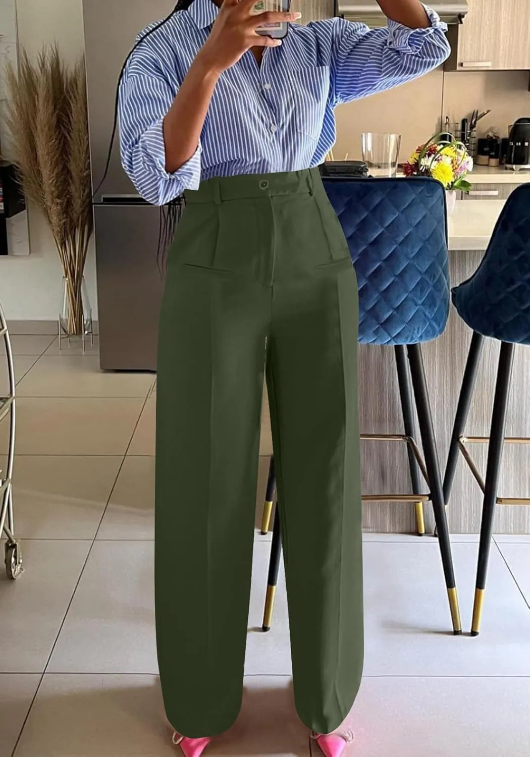 Vakkest Women High Waist Wide Leg Pants Casual Loose Palazzo Long Slacks Business Work Office Trousers with Pockets