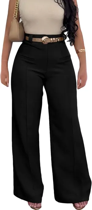 Vakkest Women High Waist Wide Leg Pants Casual Loose Palazzo Long Slacks Business Work Office Trousers with Pockets