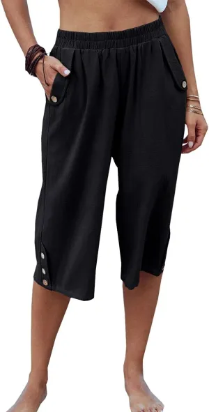 Veatzaer Women's Elastic Waist 3/4 Capri Harem Pants with Pockets Casual Loose Solid Yoga Trousers S-XXL
