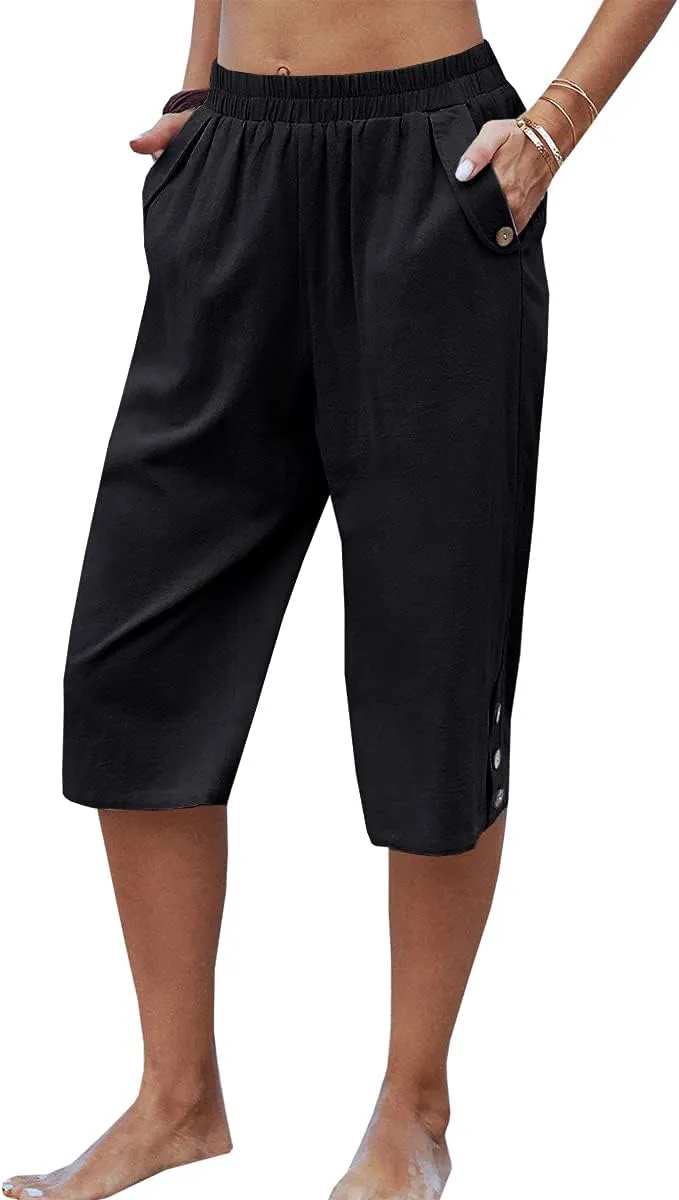 Veatzaer Women's Elastic Waist 3/4 Capri Harem Pants with Pockets Casual Loose Solid Yoga Trousers S-XXL