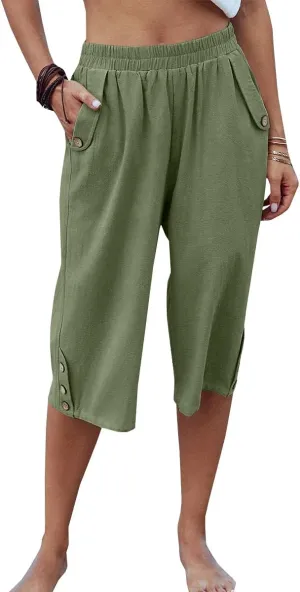 Veatzaer Women's Elastic Waist 3/4 Capri Harem Pants with Pockets Casual Loose Solid Yoga Trousers S-XXL