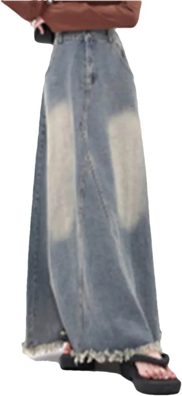 Vintage Washed Skirt for Women High Waisted Moustache Effect Denim Skirt Loose A Line Skirts