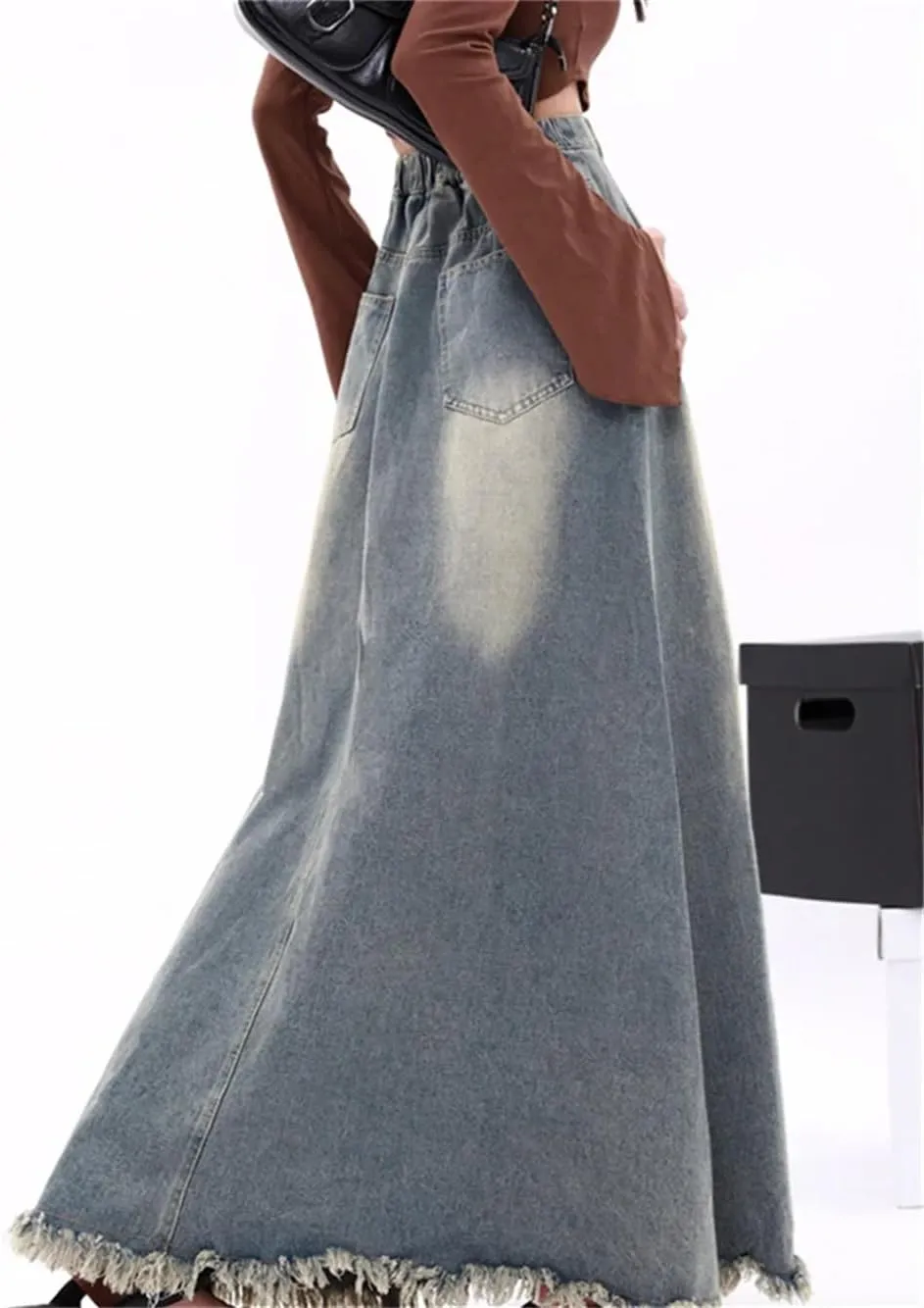Vintage Washed Skirt for Women High Waisted Moustache Effect Denim Skirt Loose A Line Skirts