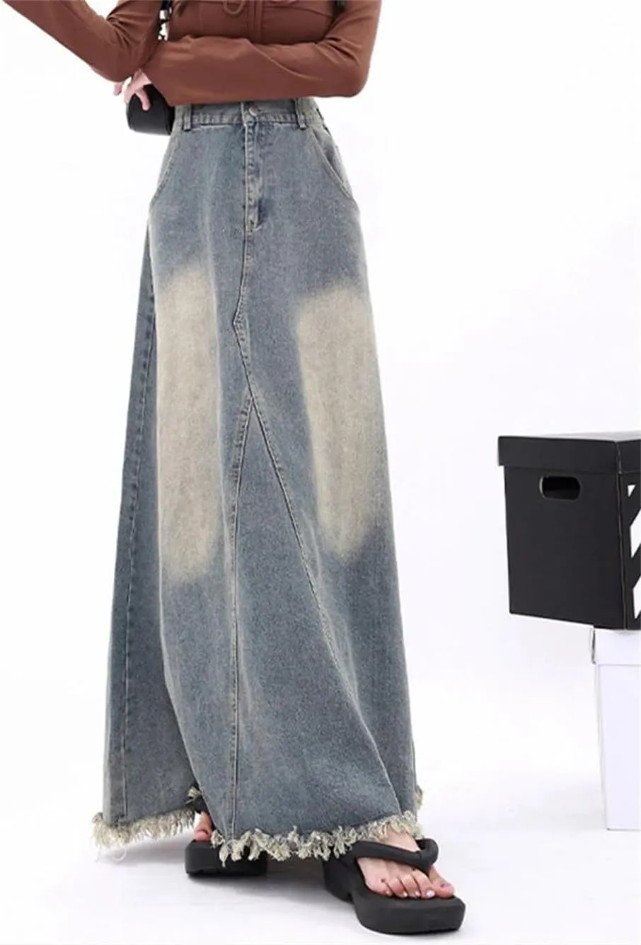 Vintage Washed Skirt for Women High Waisted Moustache Effect Denim Skirt Loose A Line Skirts