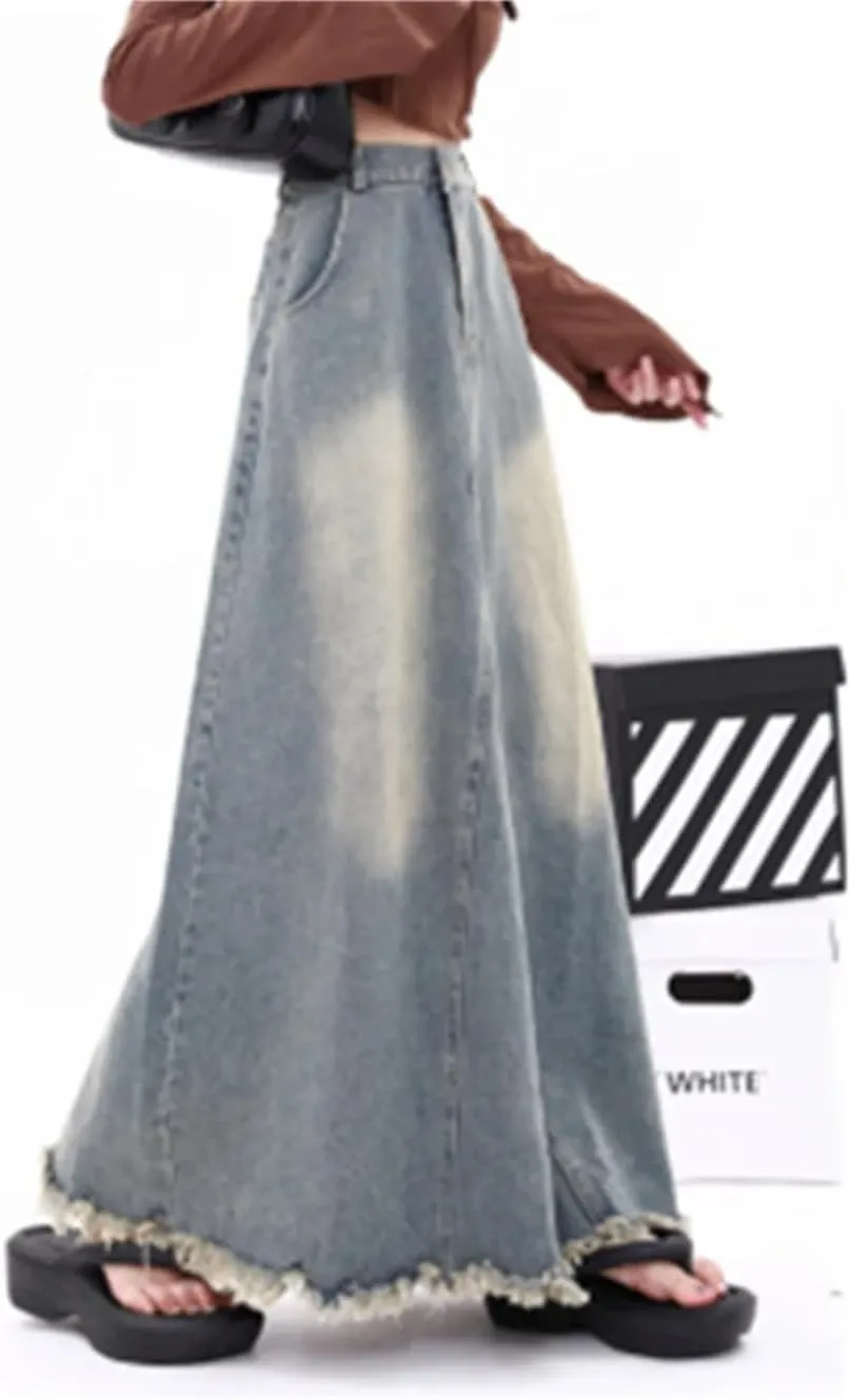 Vintage Washed Skirt for Women High Waisted Moustache Effect Denim Skirt Loose A Line Skirts