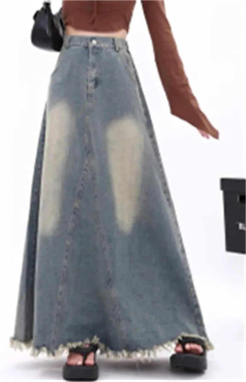 Vintage Washed Skirt for Women High Waisted Moustache Effect Denim Skirt Loose A Line Skirts