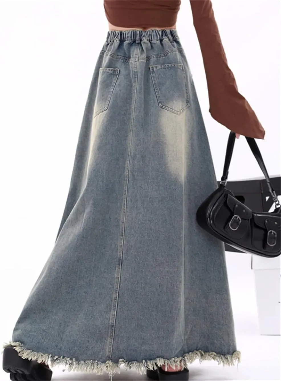 Vintage Washed Skirt for Women High Waisted Moustache Effect Denim Skirt Loose A Line Skirts