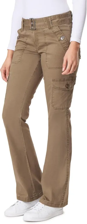 WallFlower Women's Feisty Curvy Cargo Flare Low Rise Belted Insta Stretch Juniors Pants (Standard and Plus)