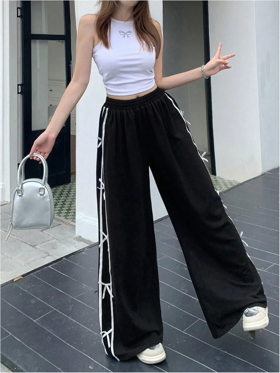 WDIRARA Women's Bowknot Striped Wide Leg Pants Elastic High Waist Y2K Long Trousers
