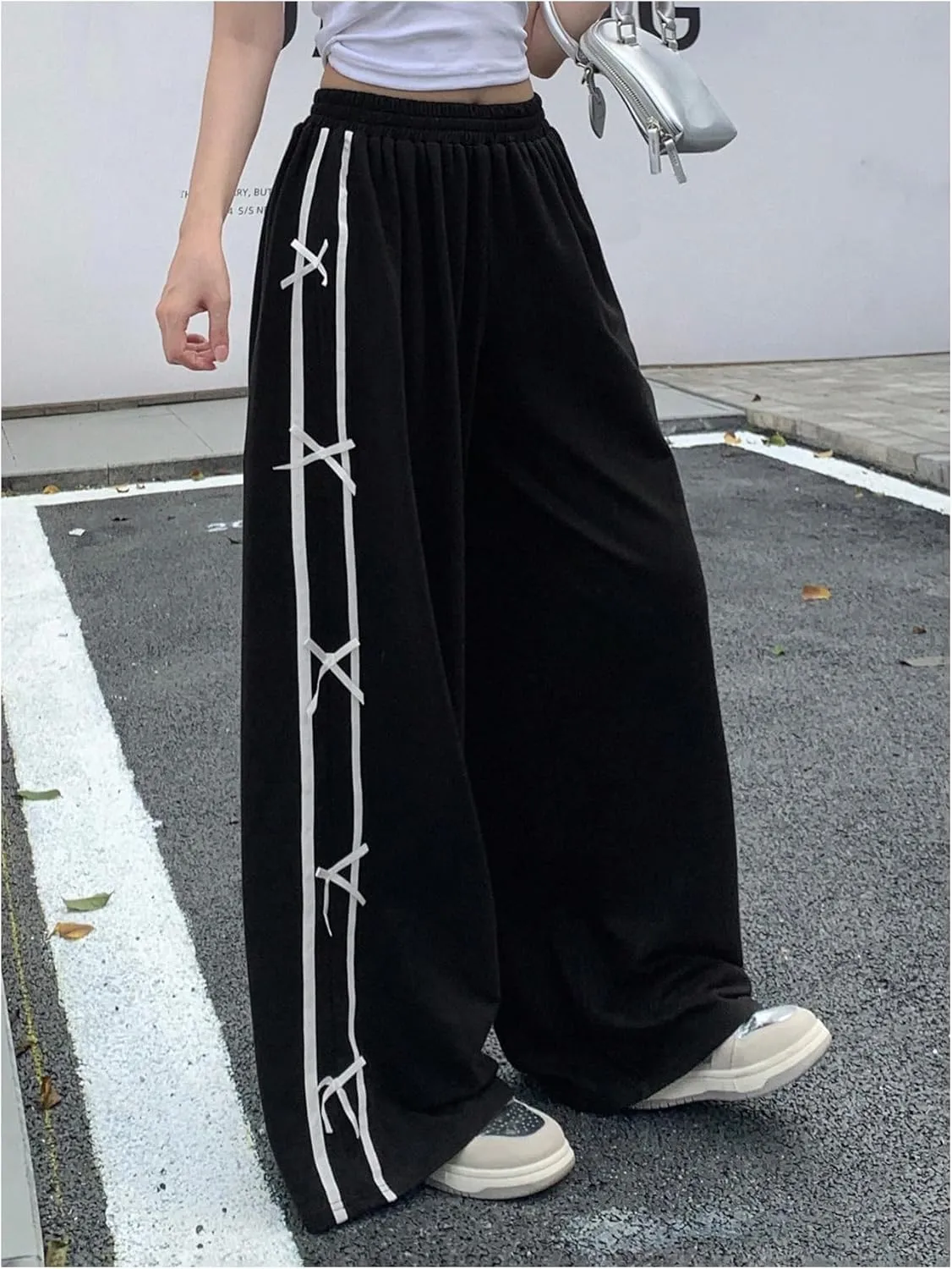 WDIRARA Women's Bowknot Striped Wide Leg Pants Elastic High Waist Y2K Long Trousers