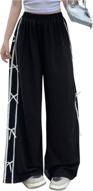 WDIRARA Women's Bowknot Striped Wide Leg Pants Elastic High Waist Y2K Long Trousers