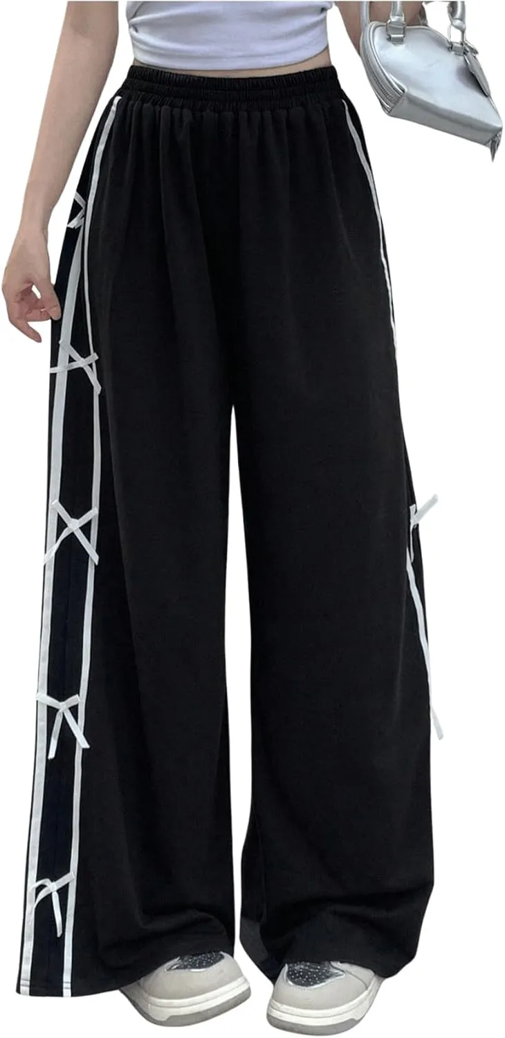 WDIRARA Women's Bowknot Striped Wide Leg Pants Elastic High Waist Y2K Long Trousers