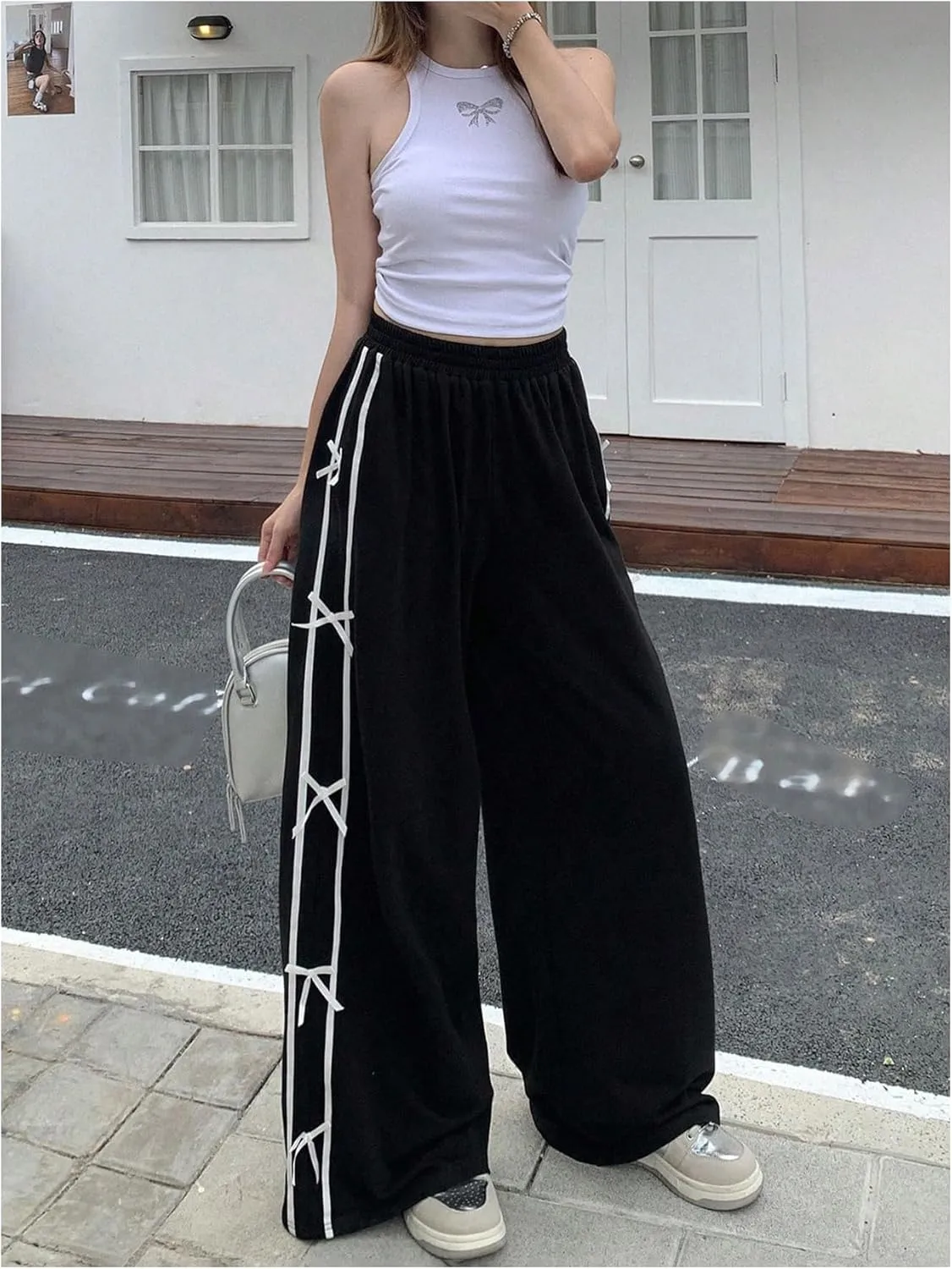 WDIRARA Women's Bowknot Striped Wide Leg Pants Elastic High Waist Y2K Long Trousers
