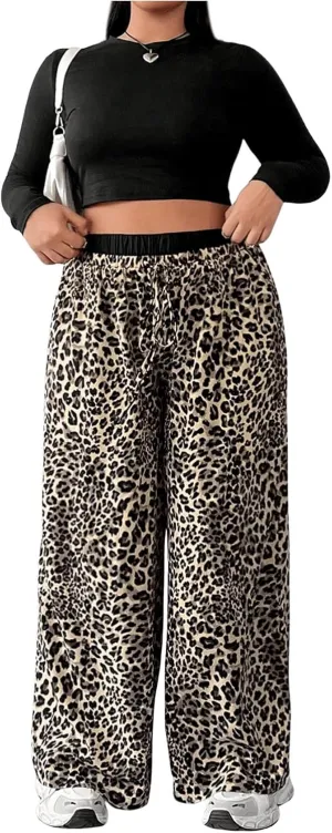 WDIRARA Women's Plus Size Leopard Print Pants Elastic High Waist Trousers with Pockets