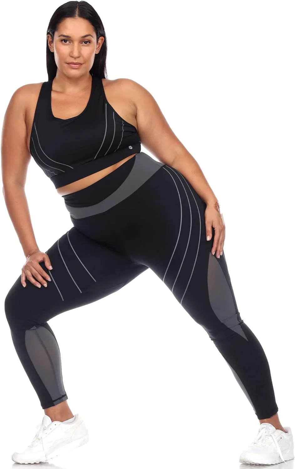 white mark Women's Plus Size High Waist Contour Striped Active Leggings