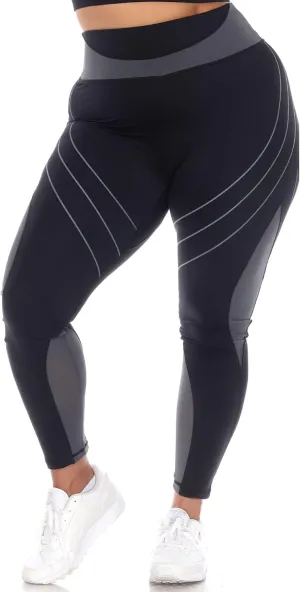 white mark Women's Plus Size High Waist Contour Striped Active Leggings