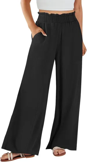 Wide Leg Linen Pants for Women Elastic High Waist Palazzo Pants Summer Casual Flowy Boho Beach Trousers with Pockets