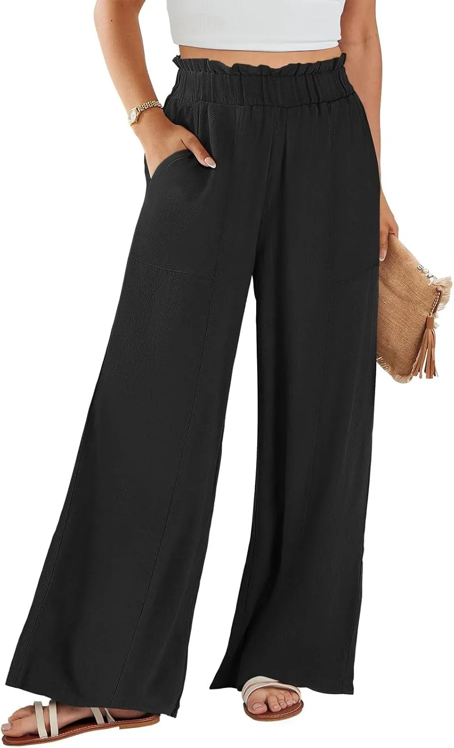 Wide Leg Linen Pants for Women Elastic High Waist Palazzo Pants Summer Casual Flowy Boho Beach Trousers with Pockets