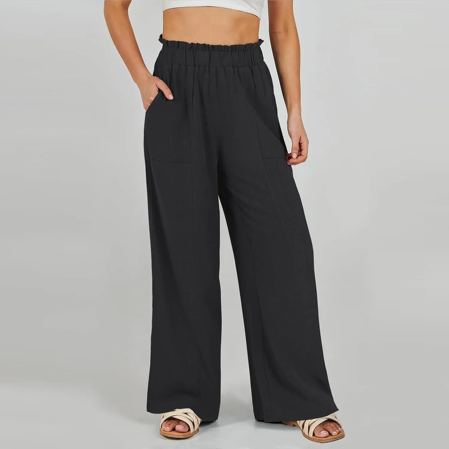 Wide Leg Linen Pants for Women Elastic High Waist Palazzo Pants Summer Casual Flowy Boho Beach Trousers with Pockets