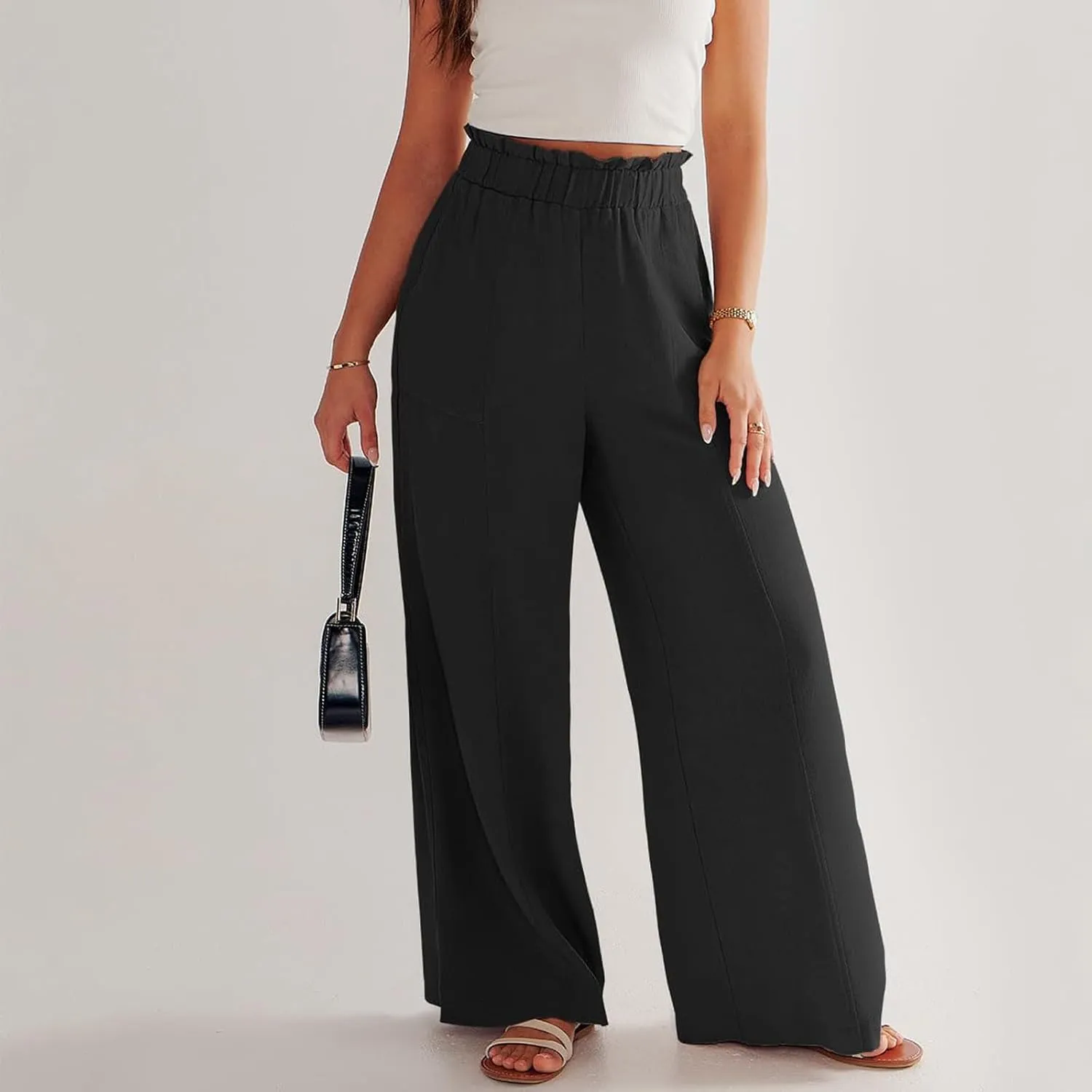 Wide Leg Linen Pants for Women Elastic High Waist Palazzo Pants Summer Casual Flowy Boho Beach Trousers with Pockets