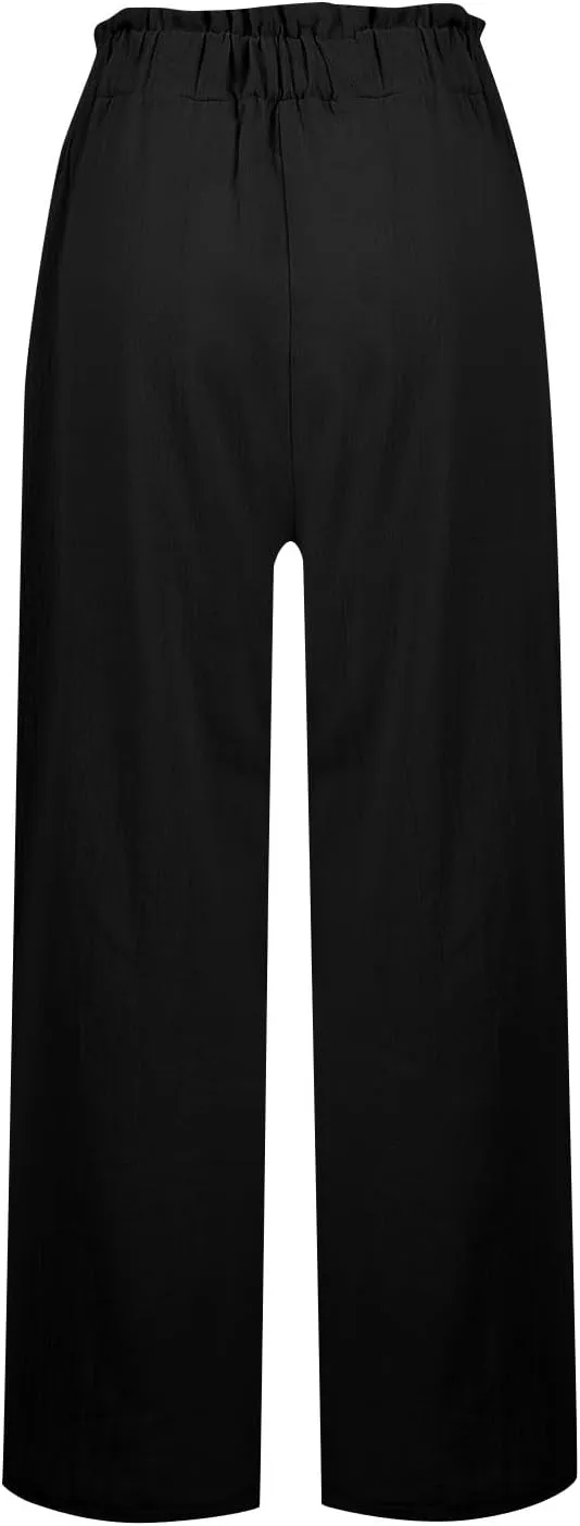 Wide Leg Linen Pants for Women Elastic High Waist Palazzo Pants Summer Casual Flowy Boho Beach Trousers with Pockets