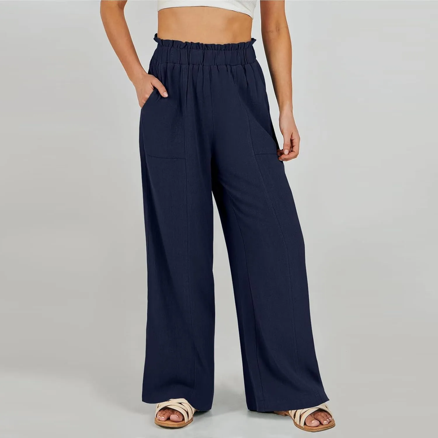 Wide Leg Linen Pants for Women Elastic High Waist Palazzo Pants Summer Casual Flowy Boho Beach Trousers with Pockets