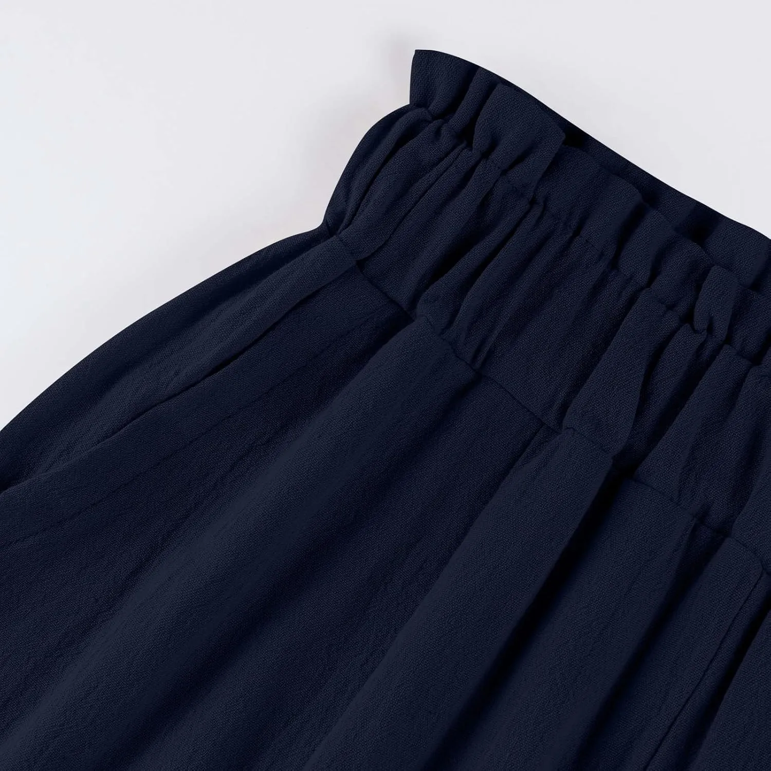 Wide Leg Linen Pants for Women Elastic High Waist Palazzo Pants Summer Casual Flowy Boho Beach Trousers with Pockets