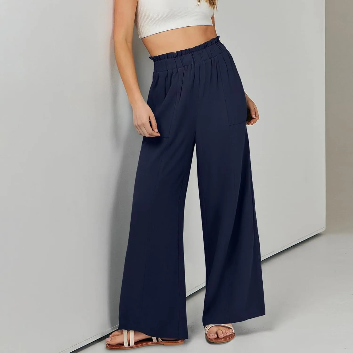 Wide Leg Linen Pants for Women Elastic High Waist Palazzo Pants Summer Casual Flowy Boho Beach Trousers with Pockets