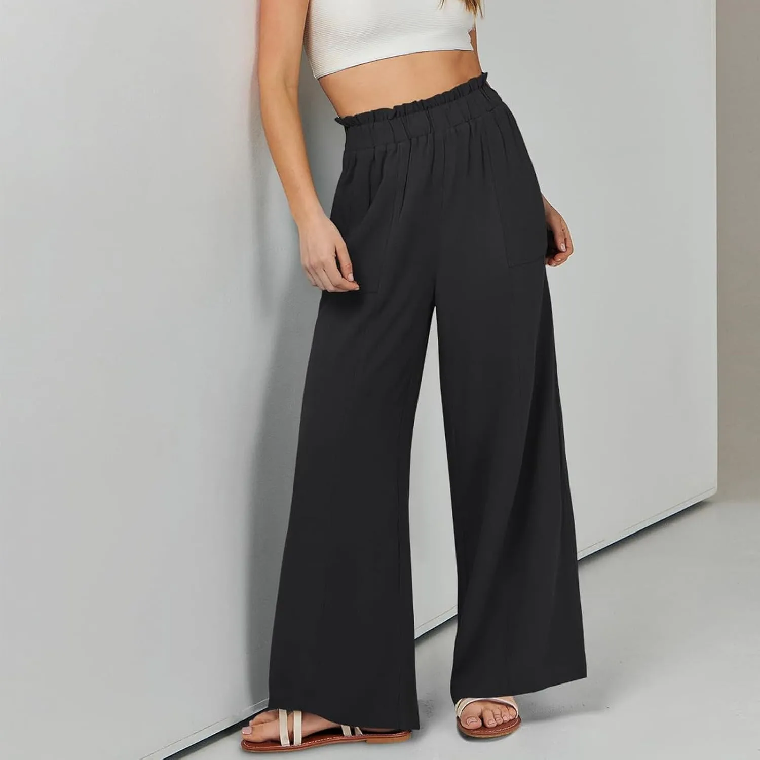 Wide Leg Linen Pants for Women Elastic High Waist Palazzo Pants Summer Casual Flowy Boho Beach Trousers with Pockets