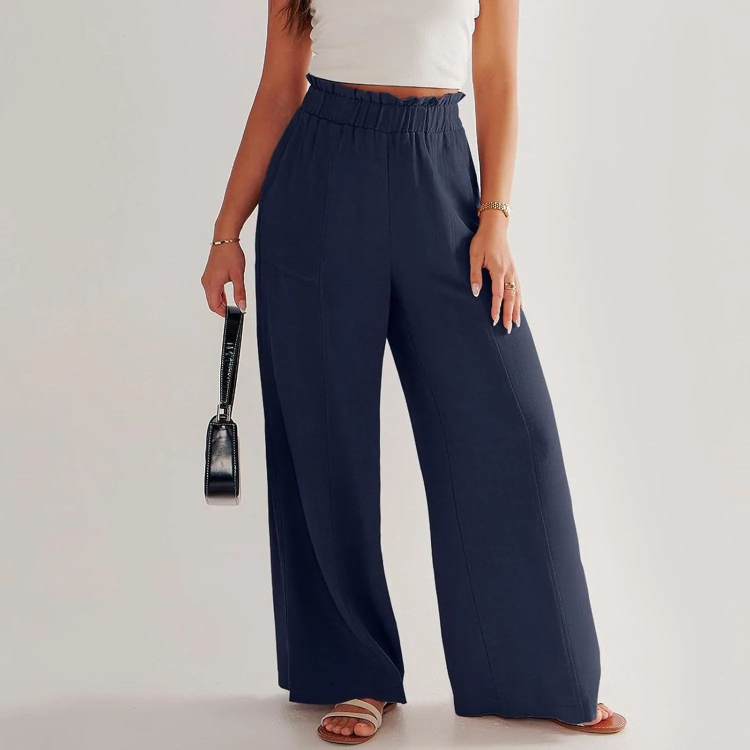 Wide Leg Linen Pants for Women Elastic High Waist Palazzo Pants Summer Casual Flowy Boho Beach Trousers with Pockets