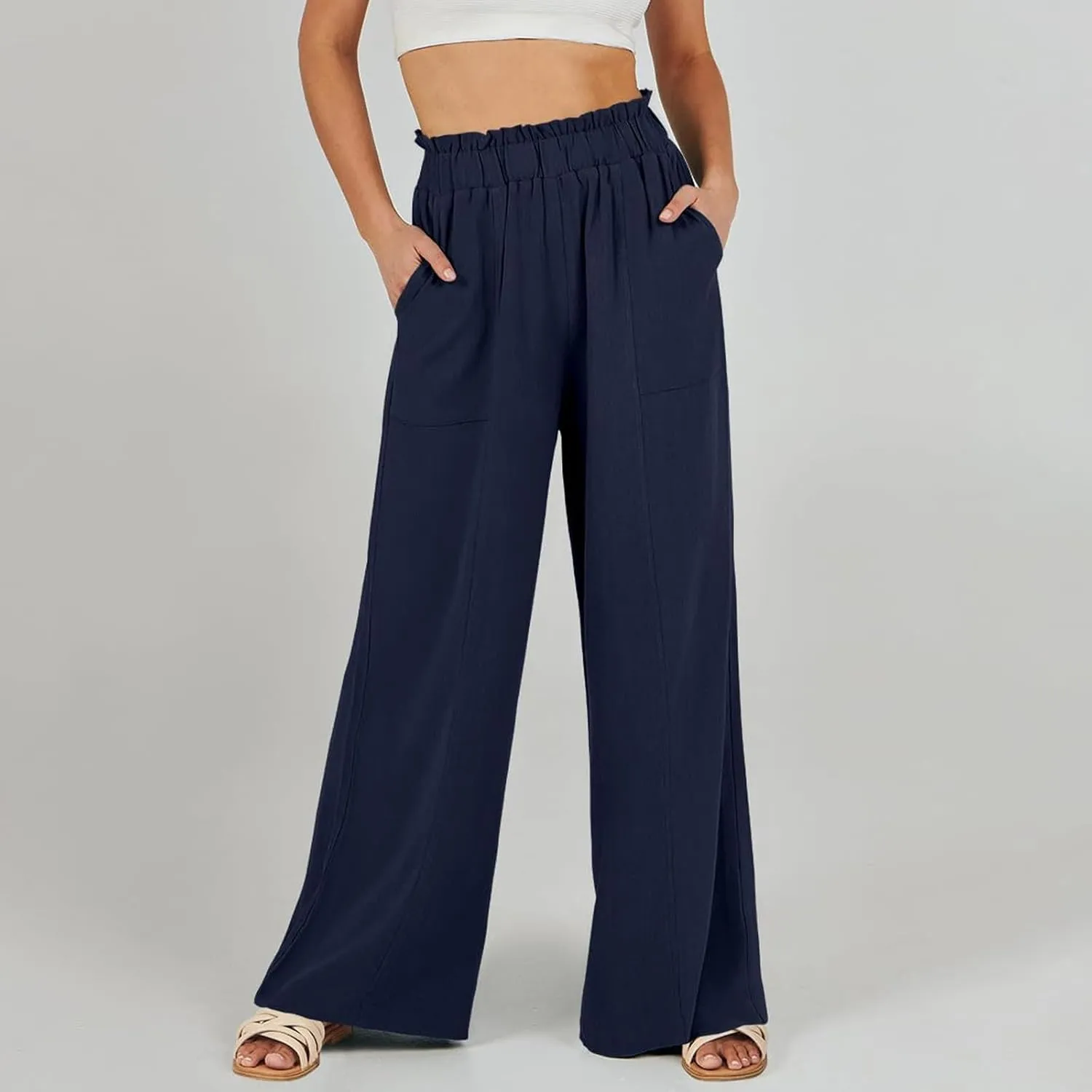 Wide Leg Linen Pants for Women Elastic High Waist Palazzo Pants Summer Casual Flowy Boho Beach Trousers with Pockets