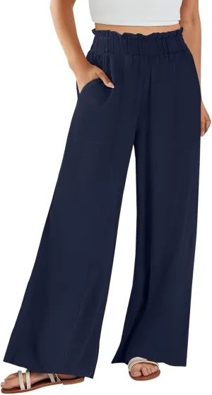 Wide Leg Linen Pants for Women Elastic High Waist Palazzo Pants Summer Casual Flowy Boho Beach Trousers with Pockets
