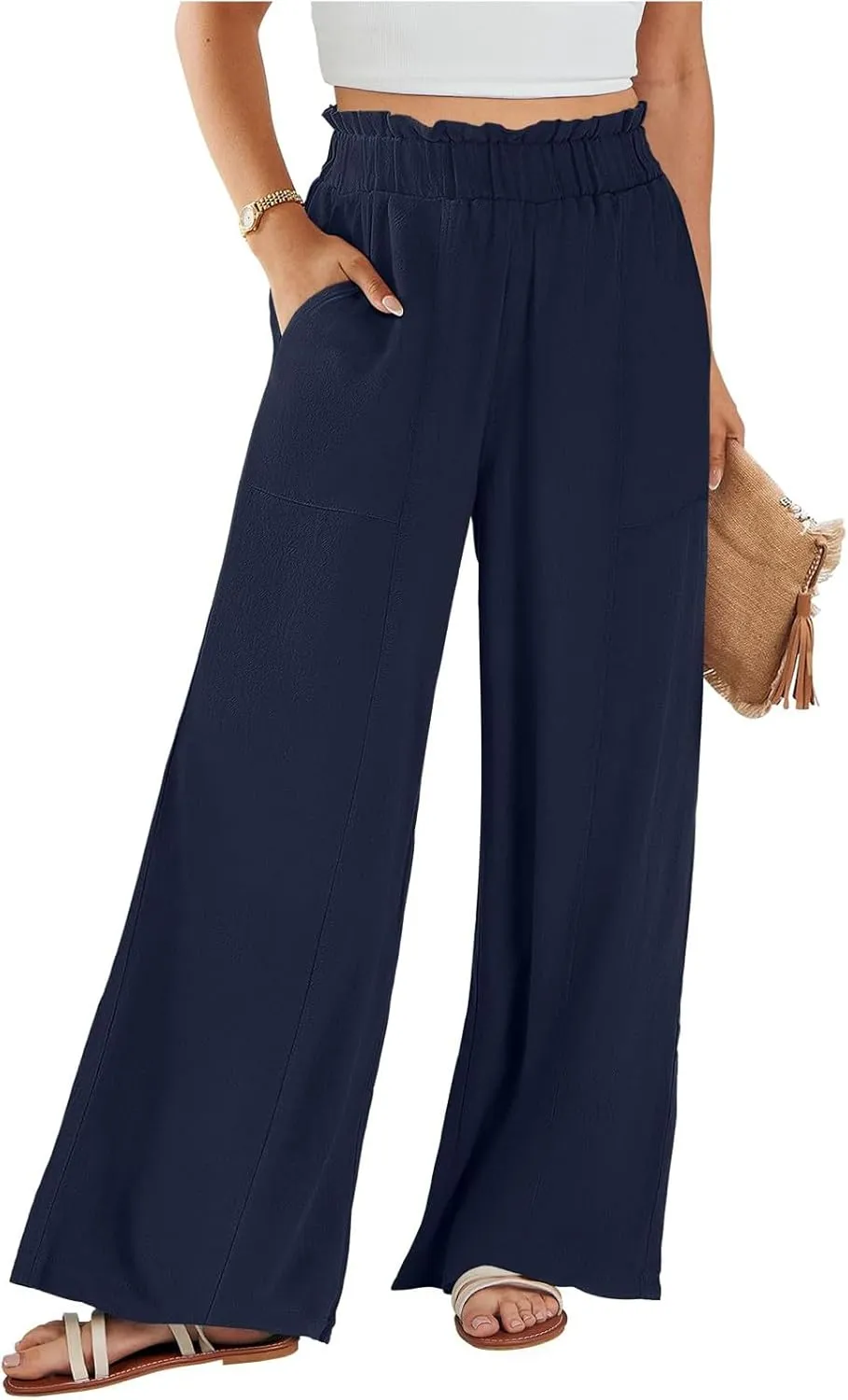 Wide Leg Linen Pants for Women Elastic High Waist Palazzo Pants Summer Casual Flowy Boho Beach Trousers with Pockets