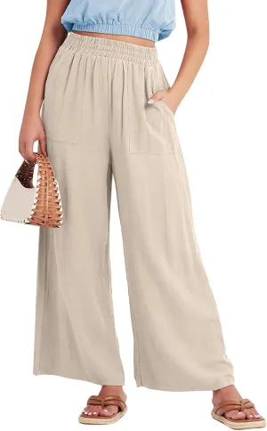 Wide Leg Linen Pants for Women Summer Palazzo Flowy Capri Palazzo Flowy Pants Casual High Waist Trousers with Pockets
