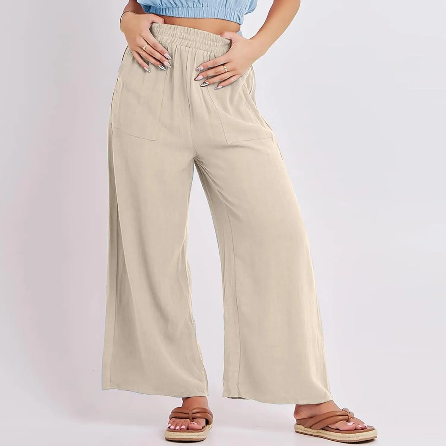 Wide Leg Linen Pants for Women Summer Palazzo Flowy Capri Palazzo Flowy Pants Casual High Waist Trousers with Pockets