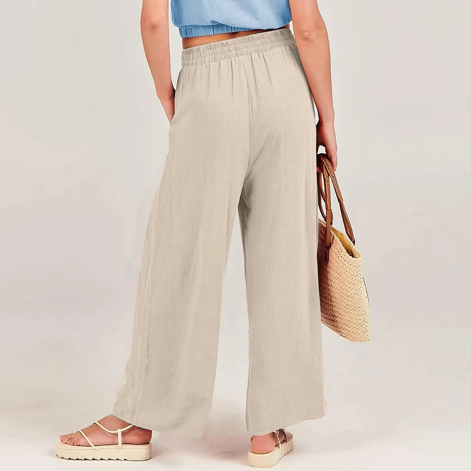 Wide Leg Linen Pants for Women Summer Palazzo Flowy Capri Palazzo Flowy Pants Casual High Waist Trousers with Pockets