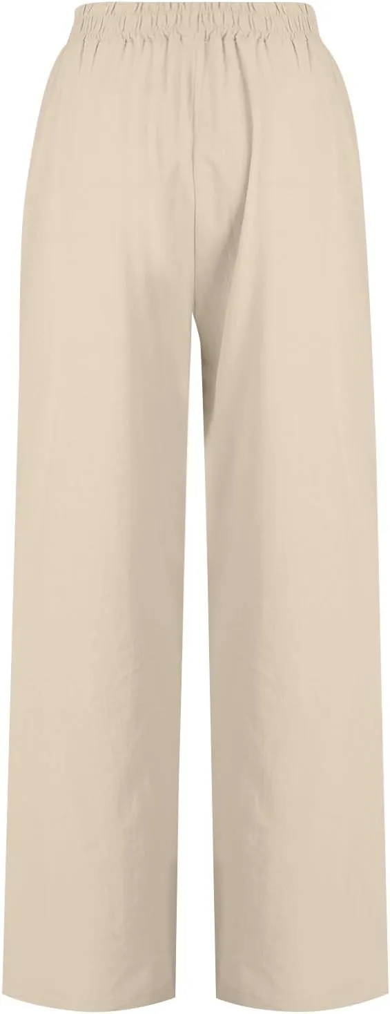 Wide Leg Linen Pants for Women Summer Palazzo Flowy Capri Palazzo Flowy Pants Casual High Waist Trousers with Pockets
