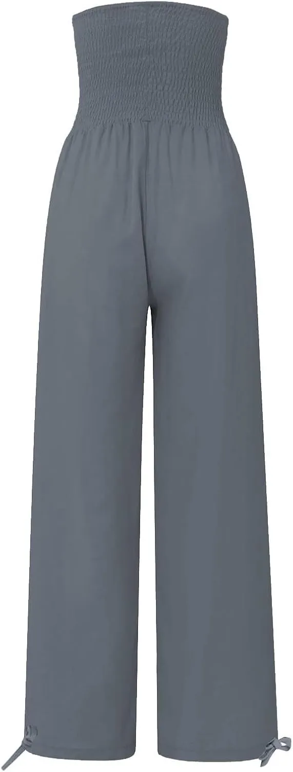 Wide Leg Linen Pants Women Summer High Waisted Boho Beach Flowy Pant Casual Vacation Outfits Elastic Lounge Trousers