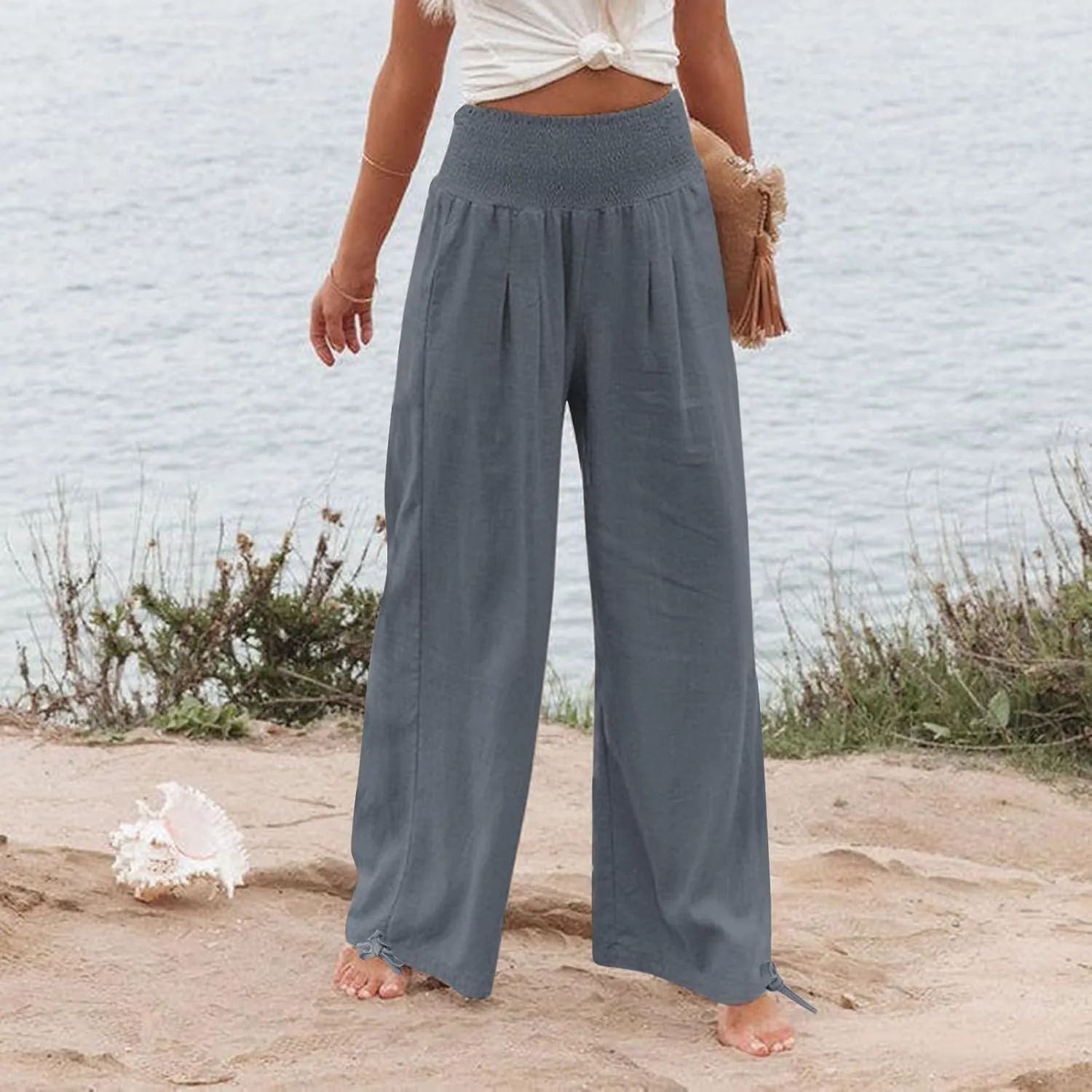 Wide Leg Linen Pants Women Summer High Waisted Boho Beach Flowy Pant Casual Vacation Outfits Elastic Lounge Trousers