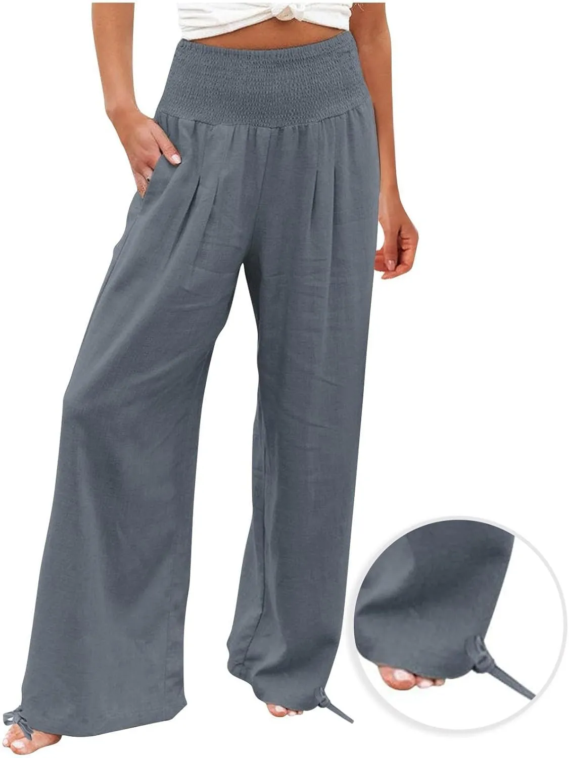 Wide Leg Linen Pants Women Summer High Waisted Boho Beach Flowy Pant Casual Vacation Outfits Elastic Lounge Trousers