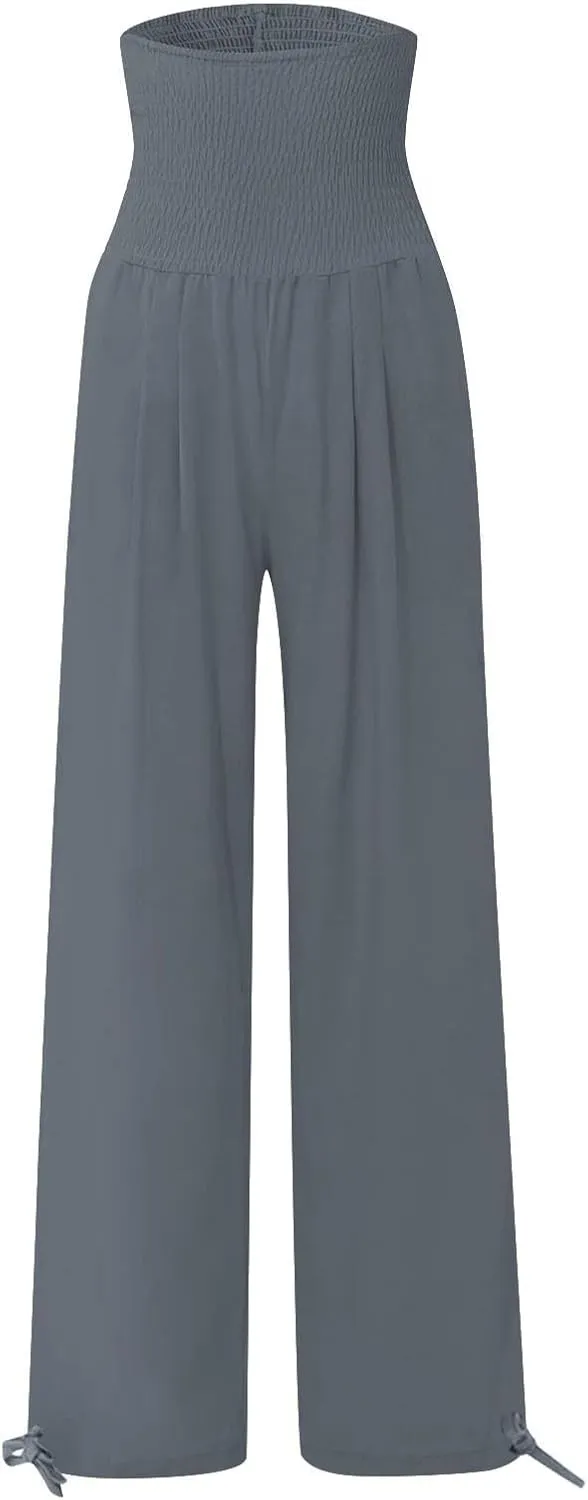 Wide Leg Linen Pants Women Summer High Waisted Boho Beach Flowy Pant Casual Vacation Outfits Elastic Lounge Trousers