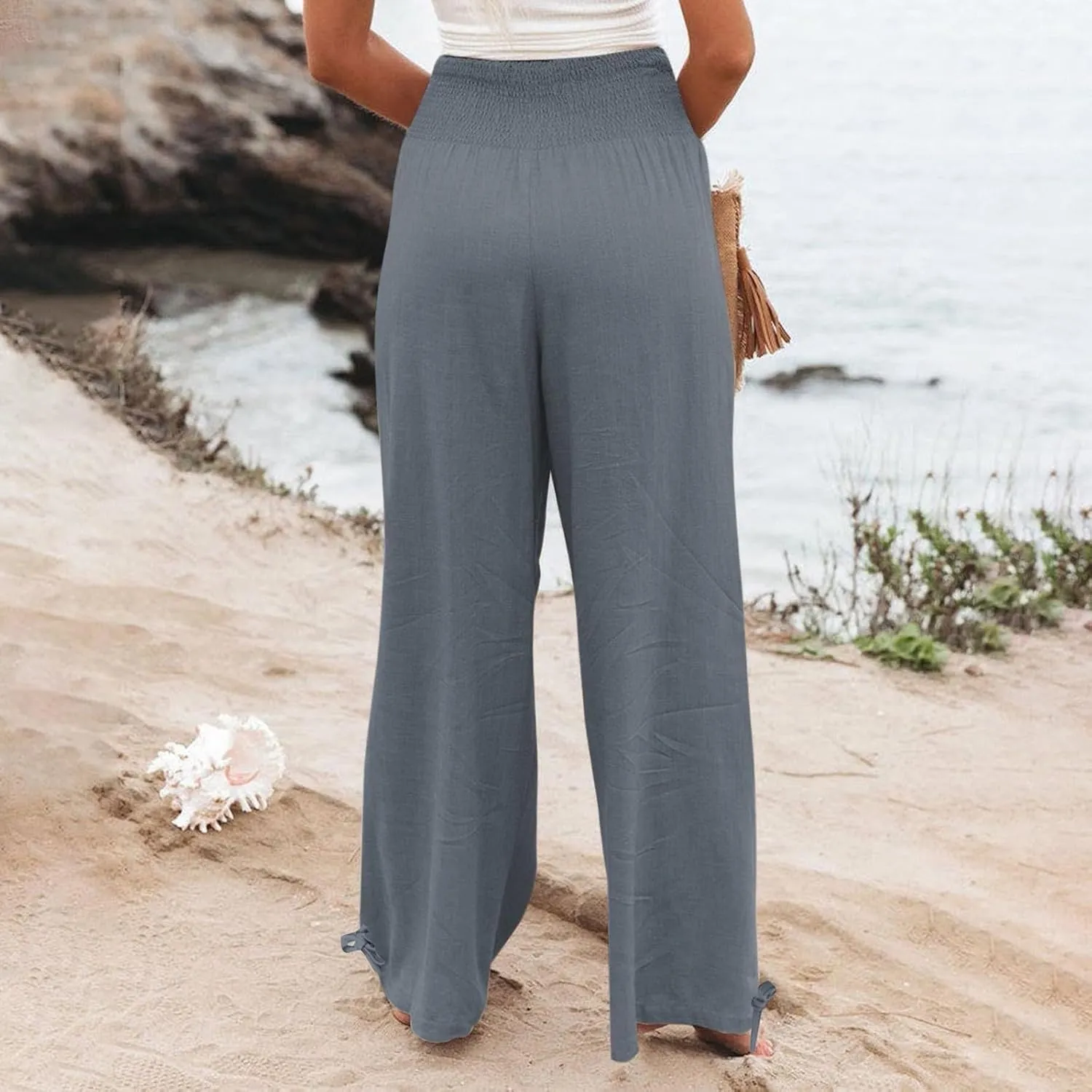 Wide Leg Linen Pants Women Summer High Waisted Boho Beach Flowy Pant Casual Vacation Outfits Elastic Lounge Trousers