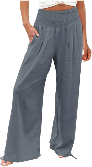 Wide Leg Linen Pants Women Summer High Waisted Boho Beach Flowy Pant Casual Vacation Outfits Elastic Lounge Trousers