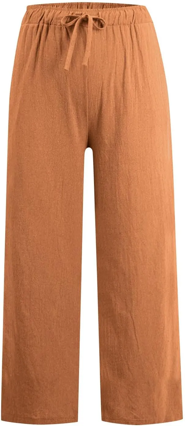 Wide Leg Pants for Women Cotton Linen Casual Summer Loose Drawstring Waist Trousers Summer Palazzo Pant with Pocket
