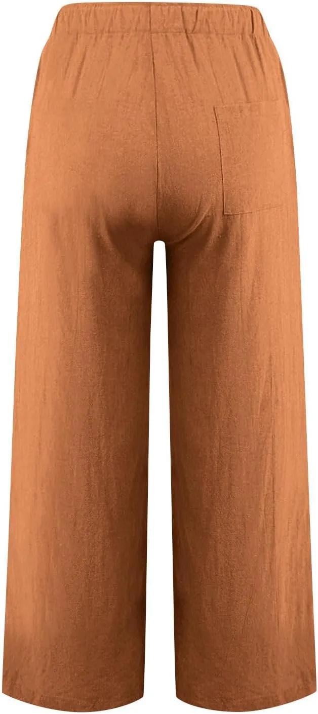 Wide Leg Pants for Women Cotton Linen Casual Summer Loose Drawstring Waist Trousers Summer Palazzo Pant with Pocket