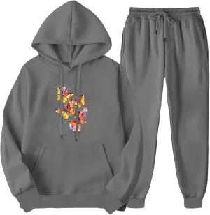 Women 2 Piece Outfits Lounge Sets Cute Butterfly Graphic Hoodie Sweatshirt Sweatpants Tracksuit Sweatsuit Set Pockets